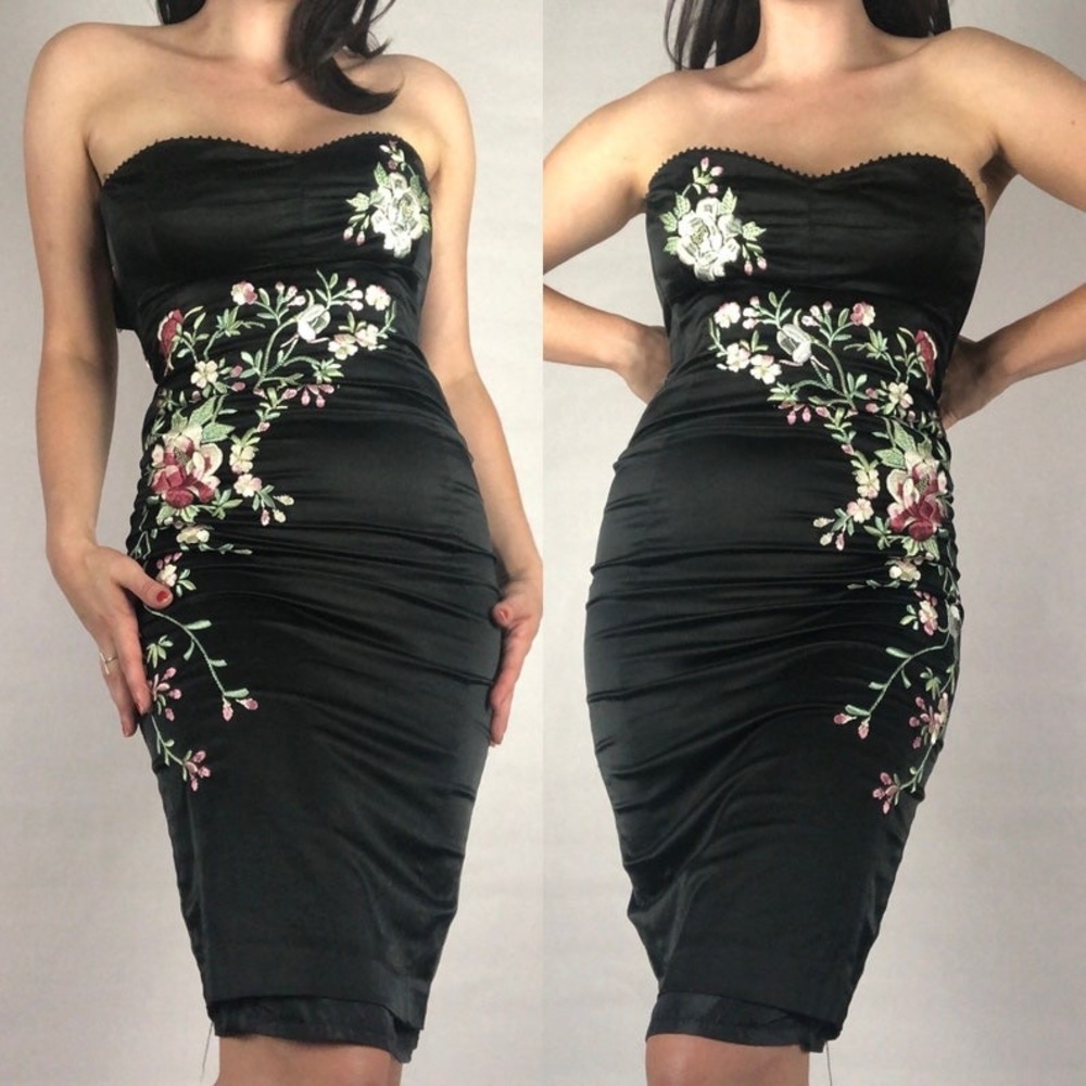 NWT Jonathan Simkhai Black Satin Floral Embroidered Print Fitted Dress